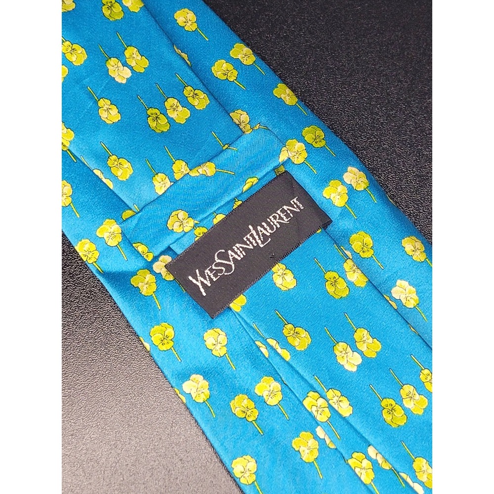 Vintage Yves Saint Laurent Silk Tie Blue Yellow Floral Made Italy 3.75
